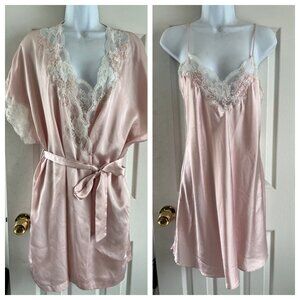 Vintage 1980's Etienne Peignoir Set Nightgown (S) and Robe (S) Pink With Beige